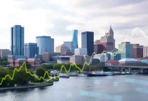 A skyline view of Baltimore with symbolic financial graphics