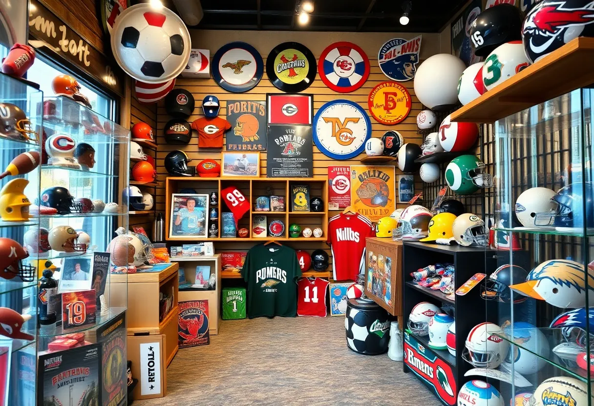 A vibrant sports memorabilia store filled with collectibles from Baltimore teams.