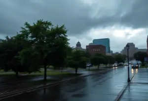 A stormy cityscape in Baltimore with heavy rain and strong winds.