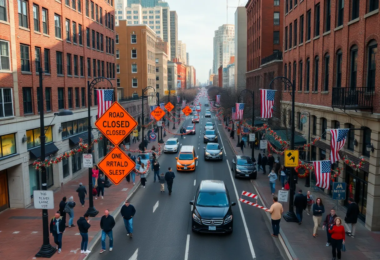 A busy street in Baltimore with road closures and community activities.