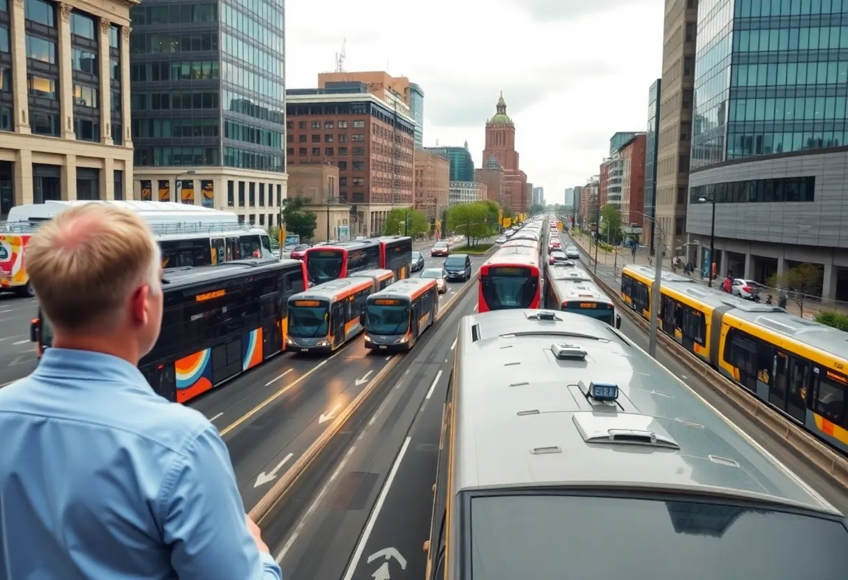Baltimore city public transport scene with business leaders discussing transportation planning.