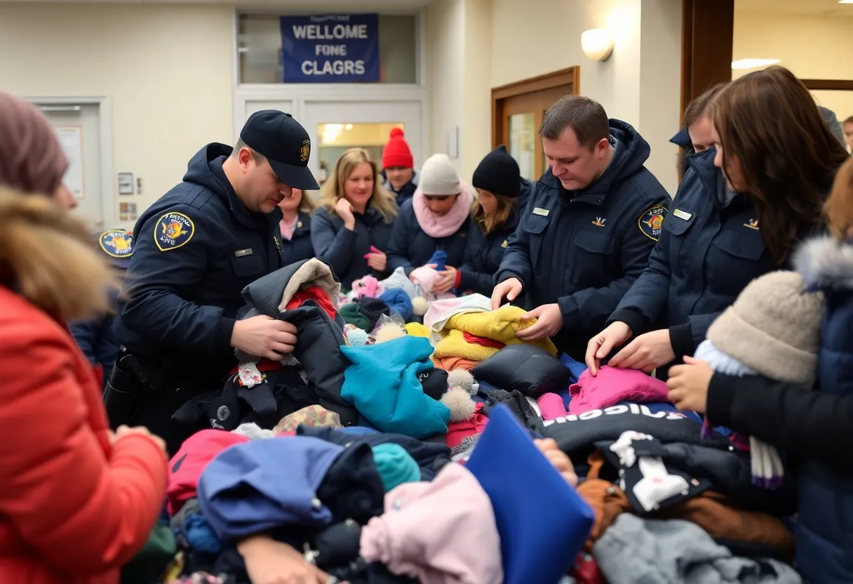 Police officers and community volunteers organizing winter clothing donations for children