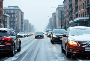 Winter weather in Baltimore with snow covering roads and cars