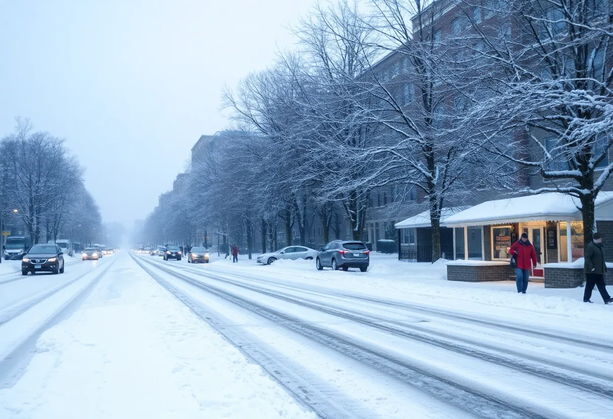 Snowy Baltimore street scene with residents preparing for winter weather