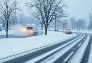 Winter weather conditions in Baltimore with snow and ice