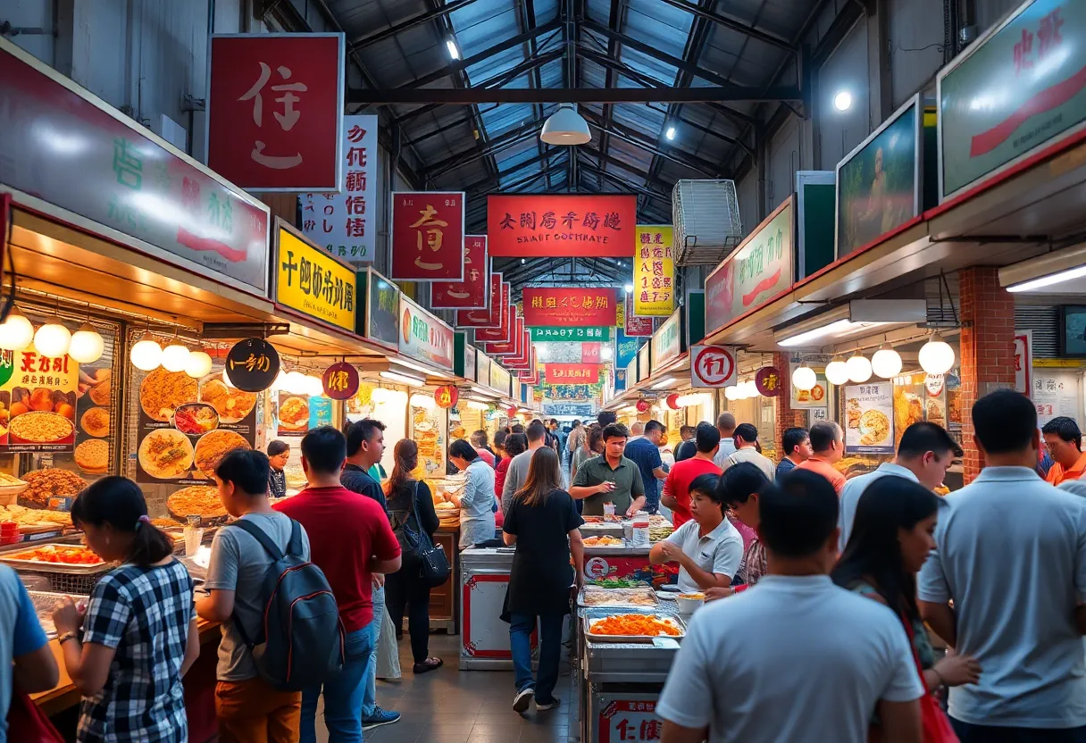 A colorful food hall with various food stalls and happy diners in Bel Air, MD.
