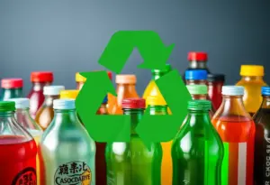 Various beverage containers including bottles and cans with a recycling symbol.