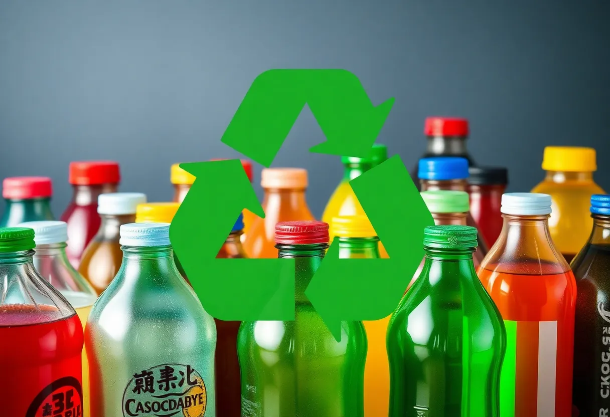 Various beverage containers including bottles and cans with a recycling symbol.