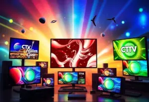 An illustration depicting the evolution of the broadcast industry with traditional and modern media elements.