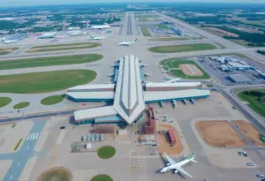 Aerial view of BWI Airport with ongoing construction and busy terminals.