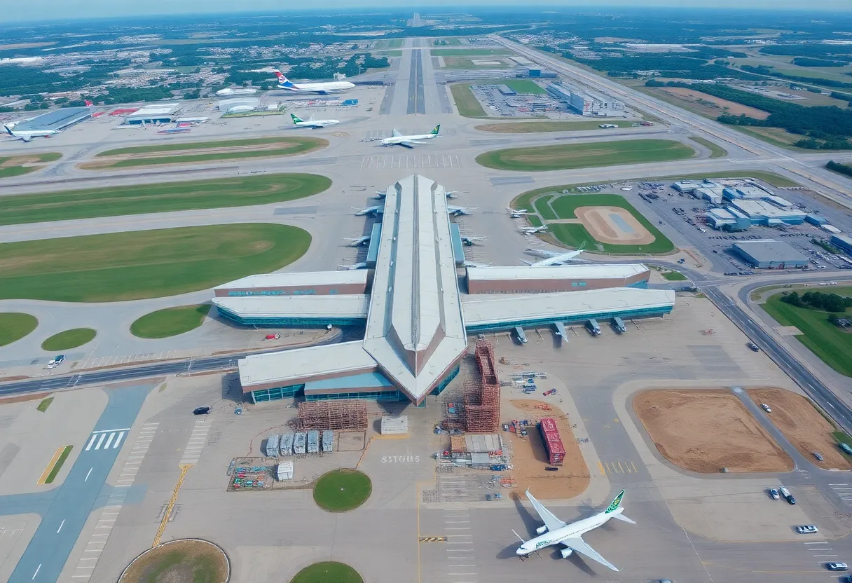 Aerial view of BWI Airport with ongoing construction and busy terminals.