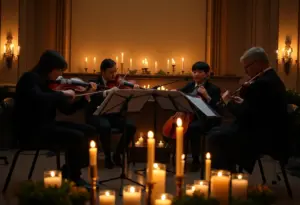 String quartet performing Beatles music under candlelight