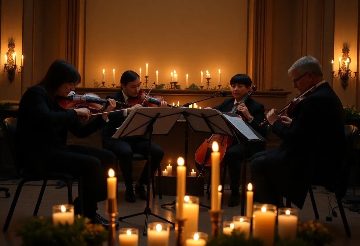 String quartet performing Beatles music under candlelight