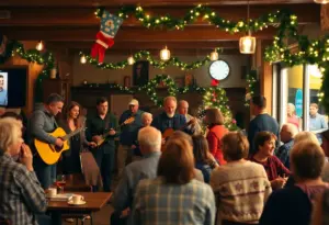 Community members enjoying a holiday party at Racers' Cafe with live music.