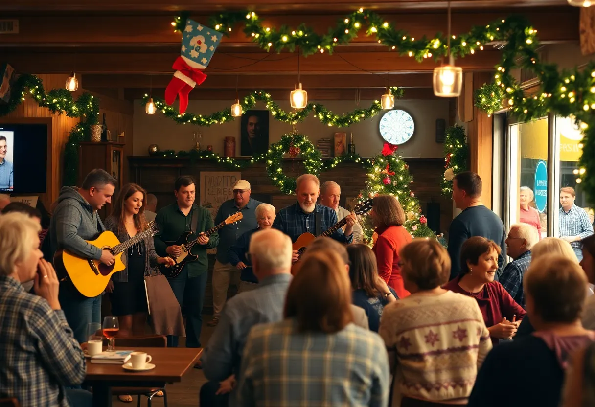 Community members enjoying a holiday party at Racers' Cafe with live music.