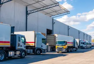 Logistics operation in a Carroll County warehouse with trucks and workers.