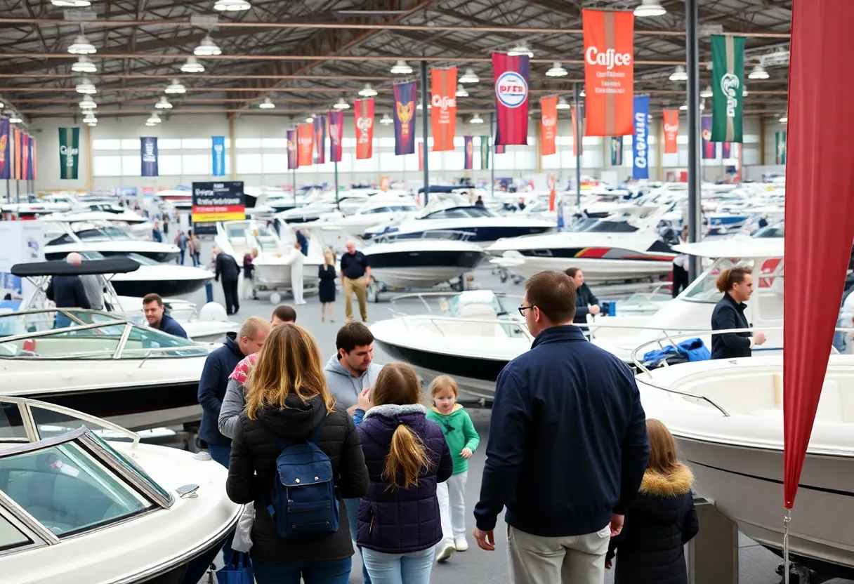 Boats displayed at the Chesapeake Bay Boat Show with visitors exploring.