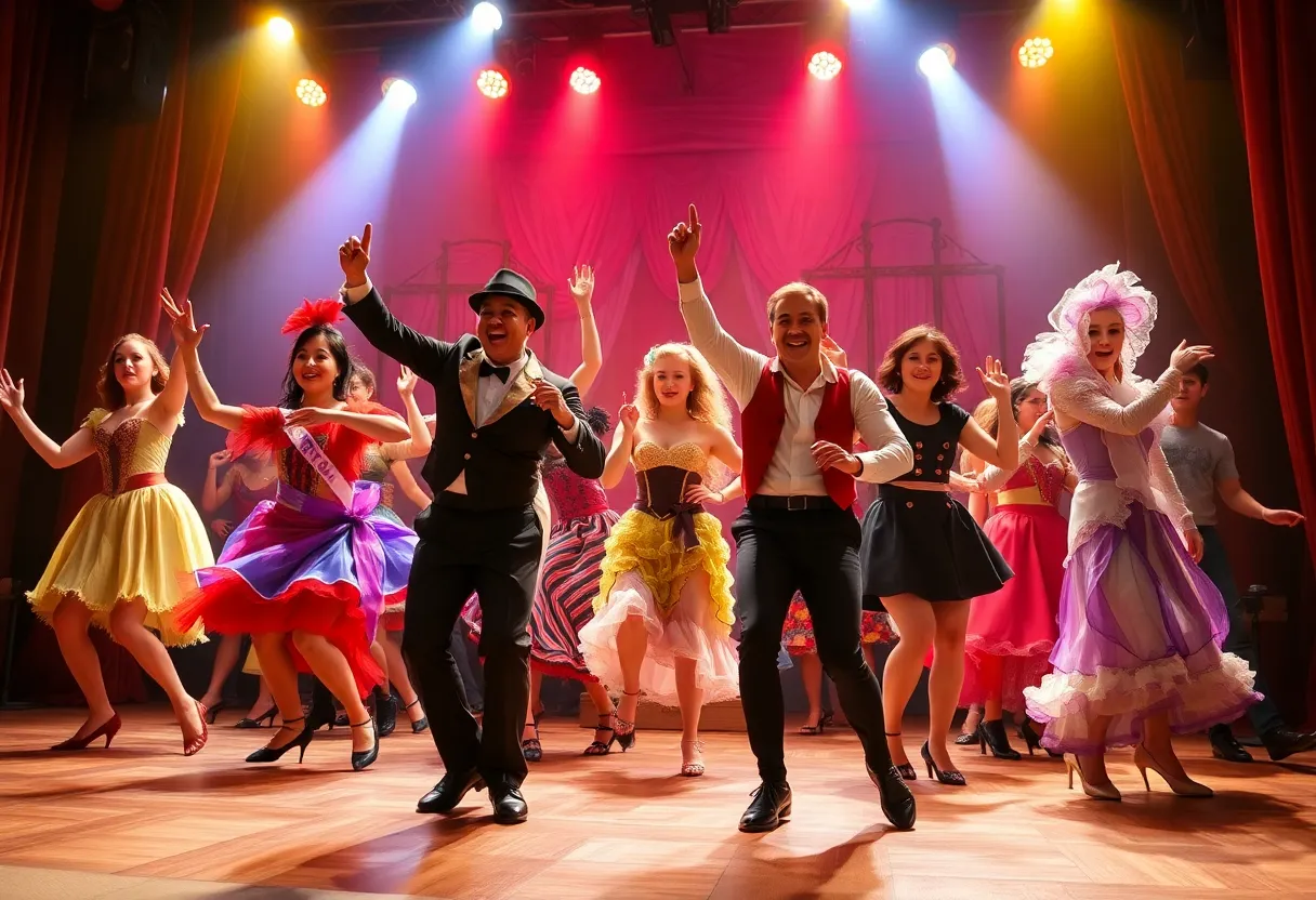 Actors performing in a musical on stage with colorful lighting.