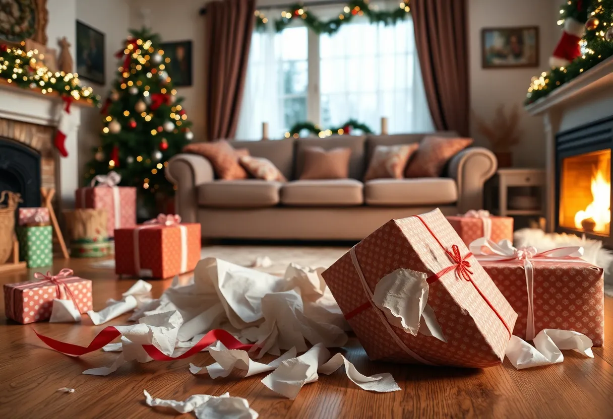 Living room with unwrapped Christmas gifts and a couch.
