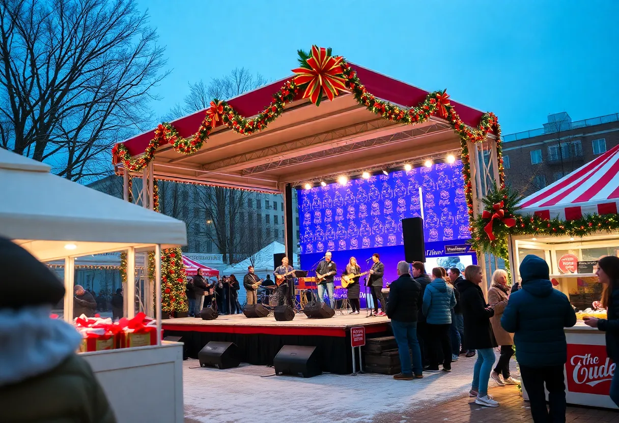 Musicians performing at a holiday concert in a festive setting