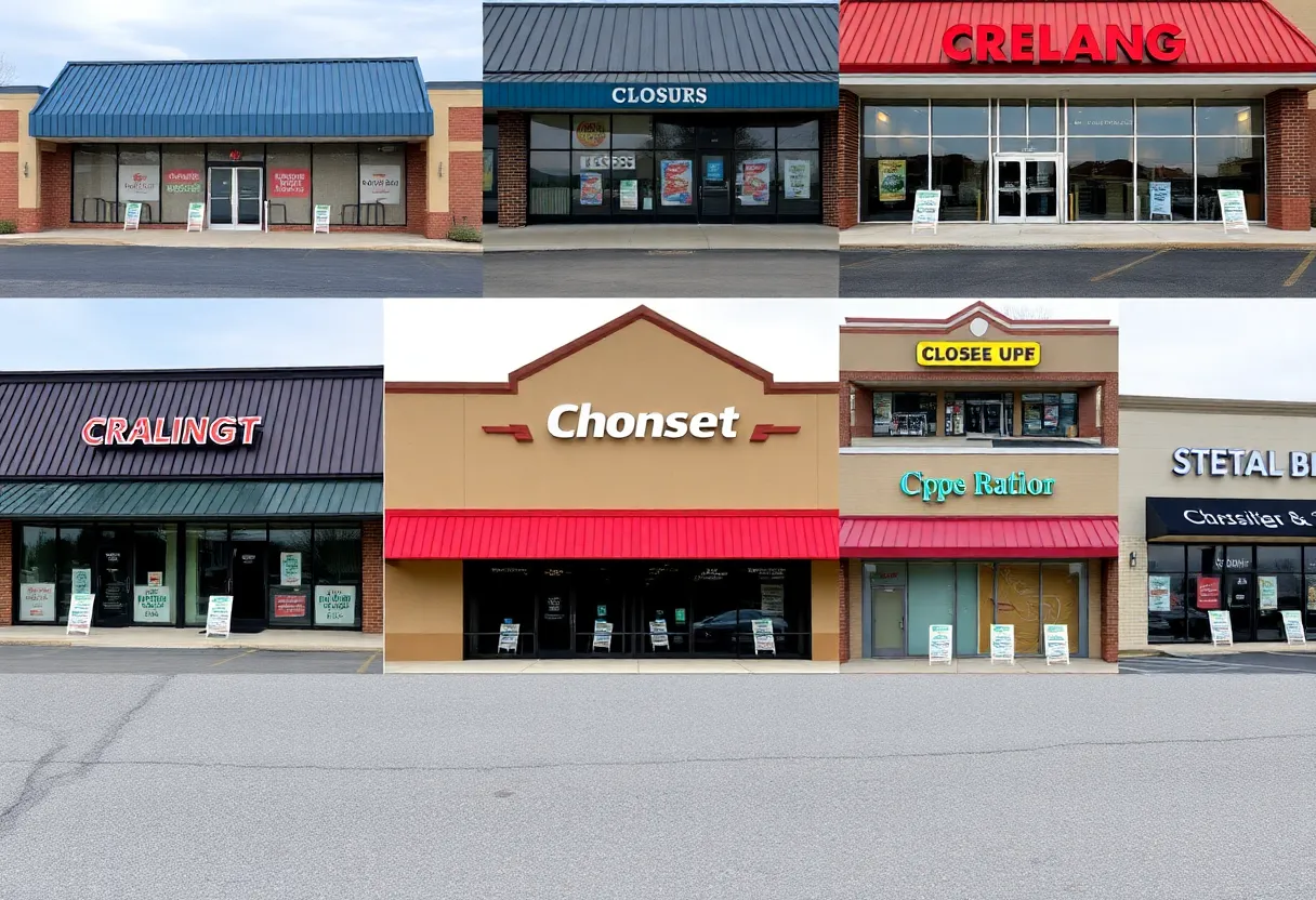 Closed retail stores in Maryland showcasing darkened windows and empty storefronts.