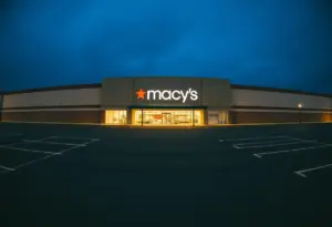 Exterior view of a closed Macy's store with an empty parking lot.