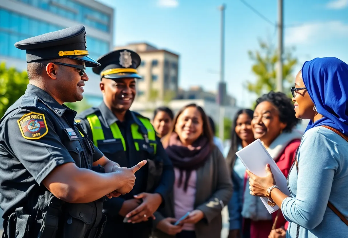 Diverse law enforcement officers engaging with community members.