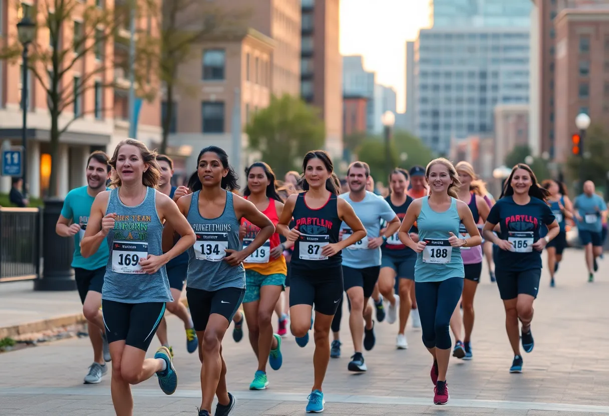 Runners enjoying a community run in Baltimore with cityscape in background.