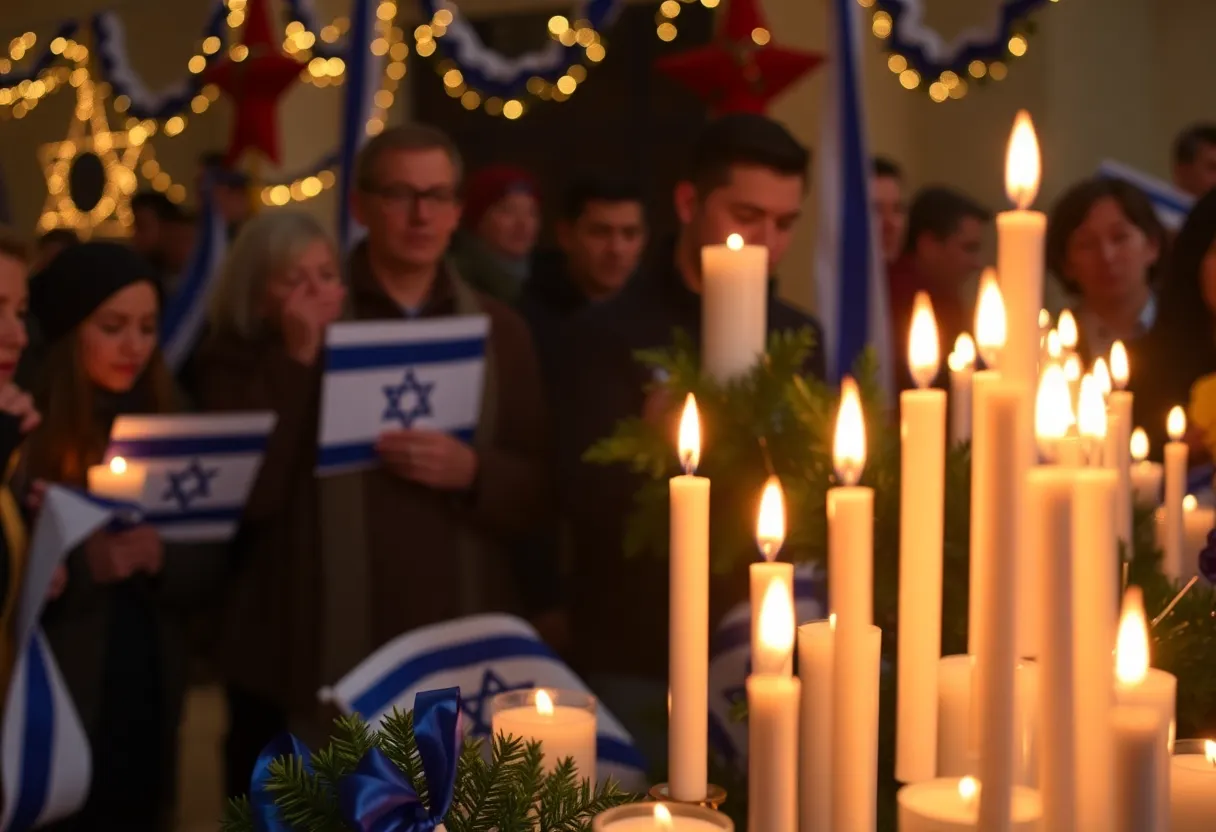 Community members holding candles at a vigil for victims of a mass shooting during a Hanukkah celebration.