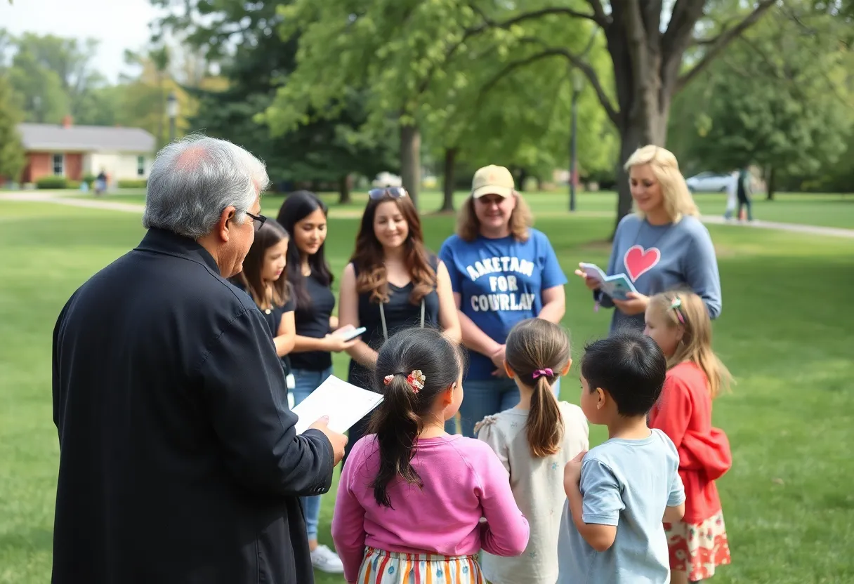 Families discussing child safety in a Parkville park.