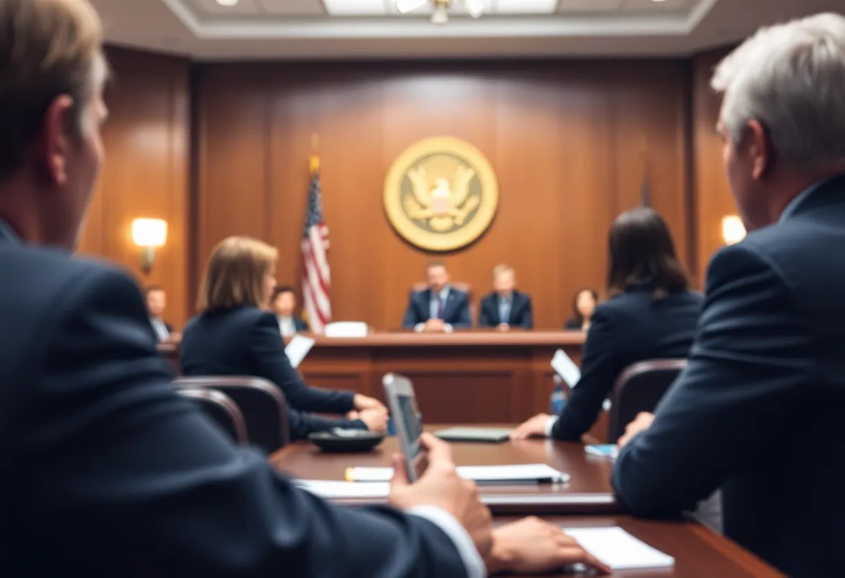 Illustration of a courtroom during a fraud indictment