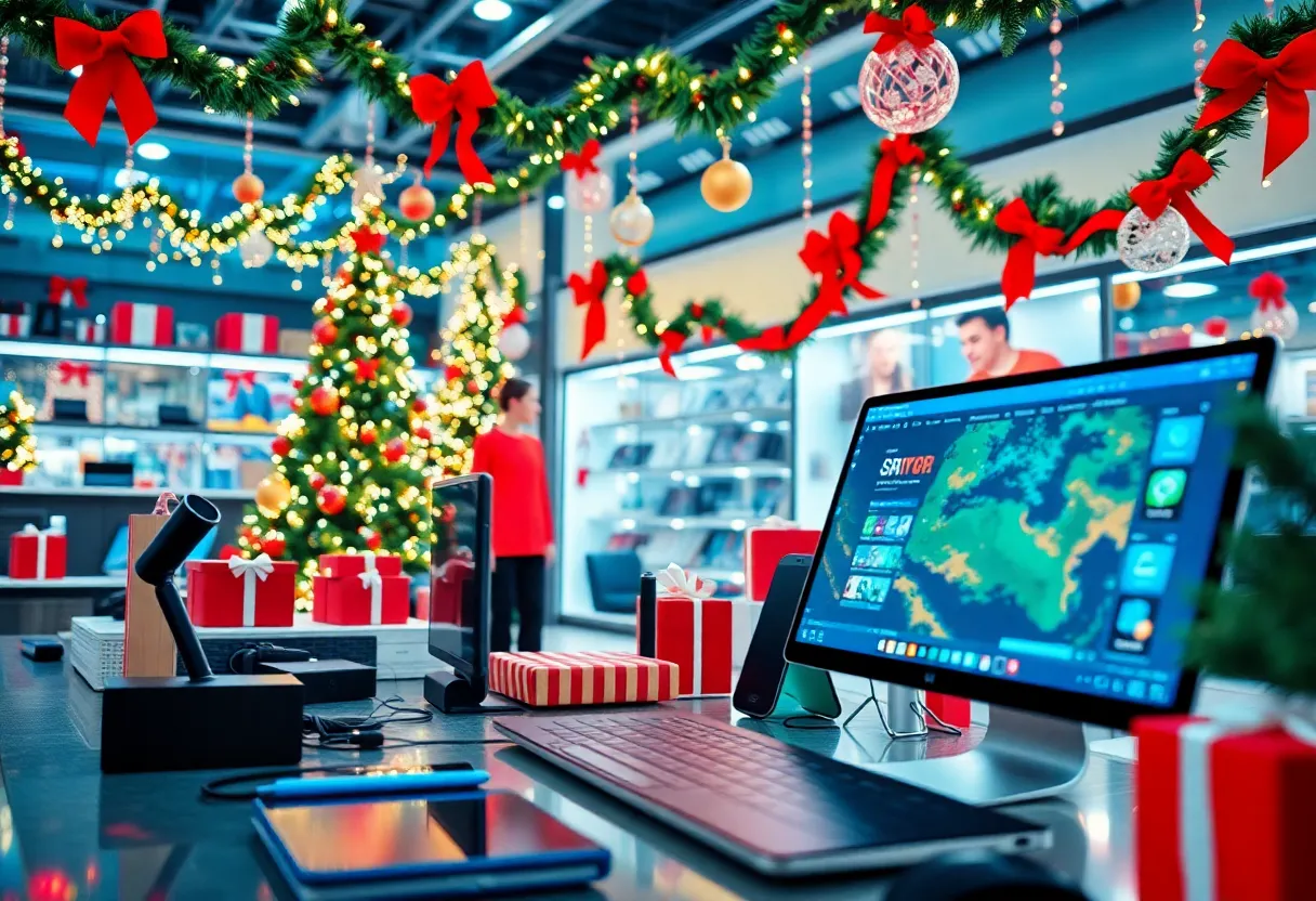 A festive online shopping experience showcasing various electronics on Cyber Monday.