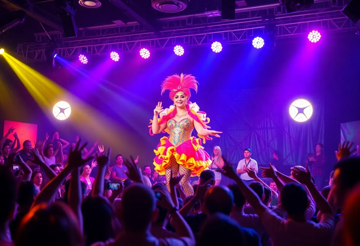 A vibrant scene from the Diva Royale Drag Queen Show featuring colorful lights and performers on stage.