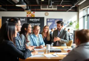 A diverse group discussing business ideas in Maryland.