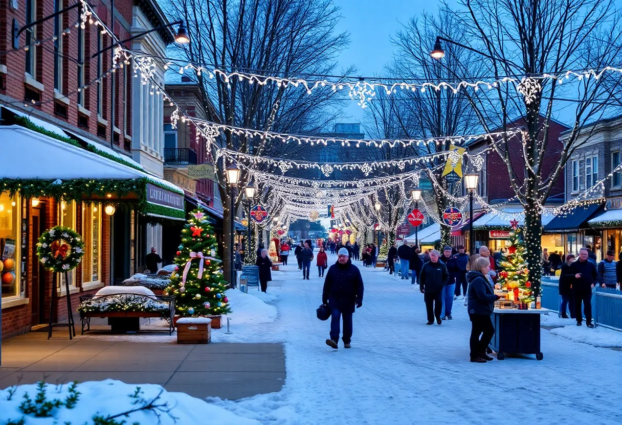 Festive winter scene in Ellicott City, Maryland with decorations and lights.