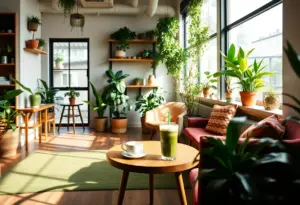 Interior of Equitea matcha studio with colorful drinks