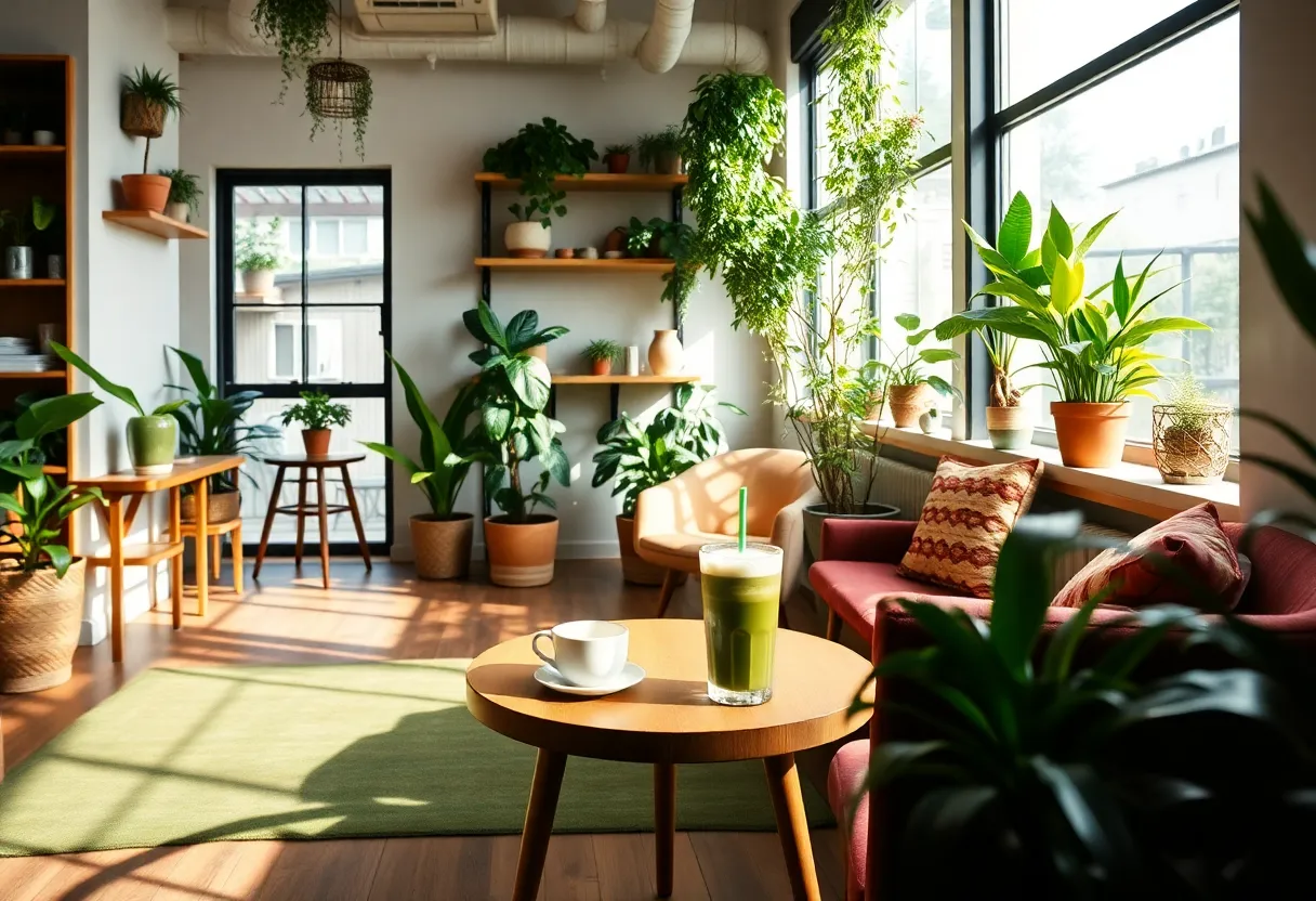 Interior of Equitea matcha studio with colorful drinks