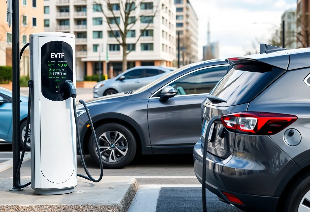 Electric vehicle charging stations with cars in a city environment.