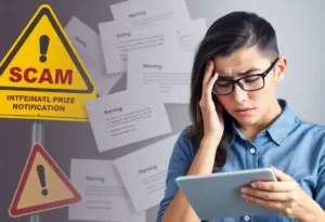 Graphic warning against fake prize emails with imagery of scam warnings and email notifications.