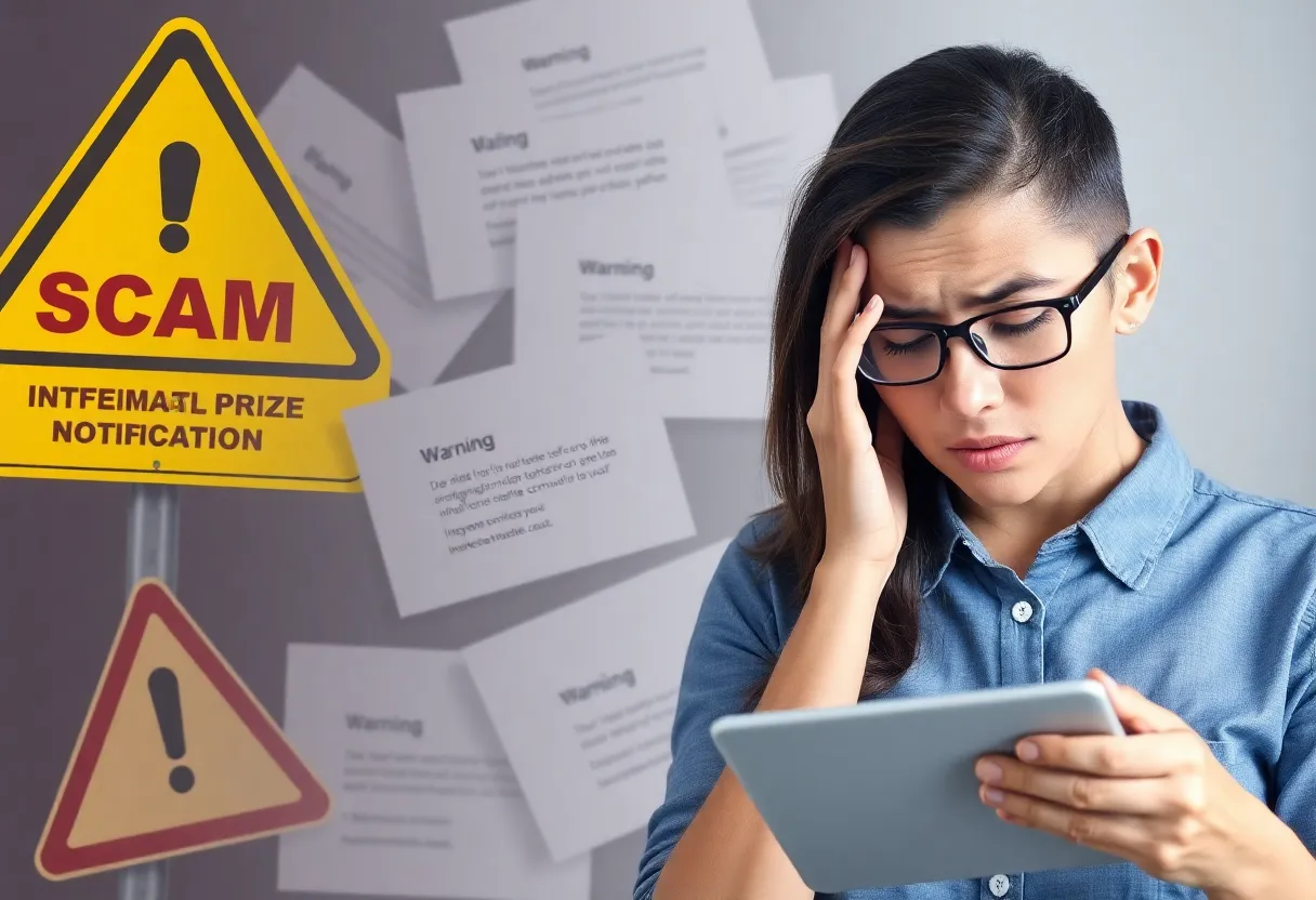 Graphic warning against fake prize emails with imagery of scam warnings and email notifications.