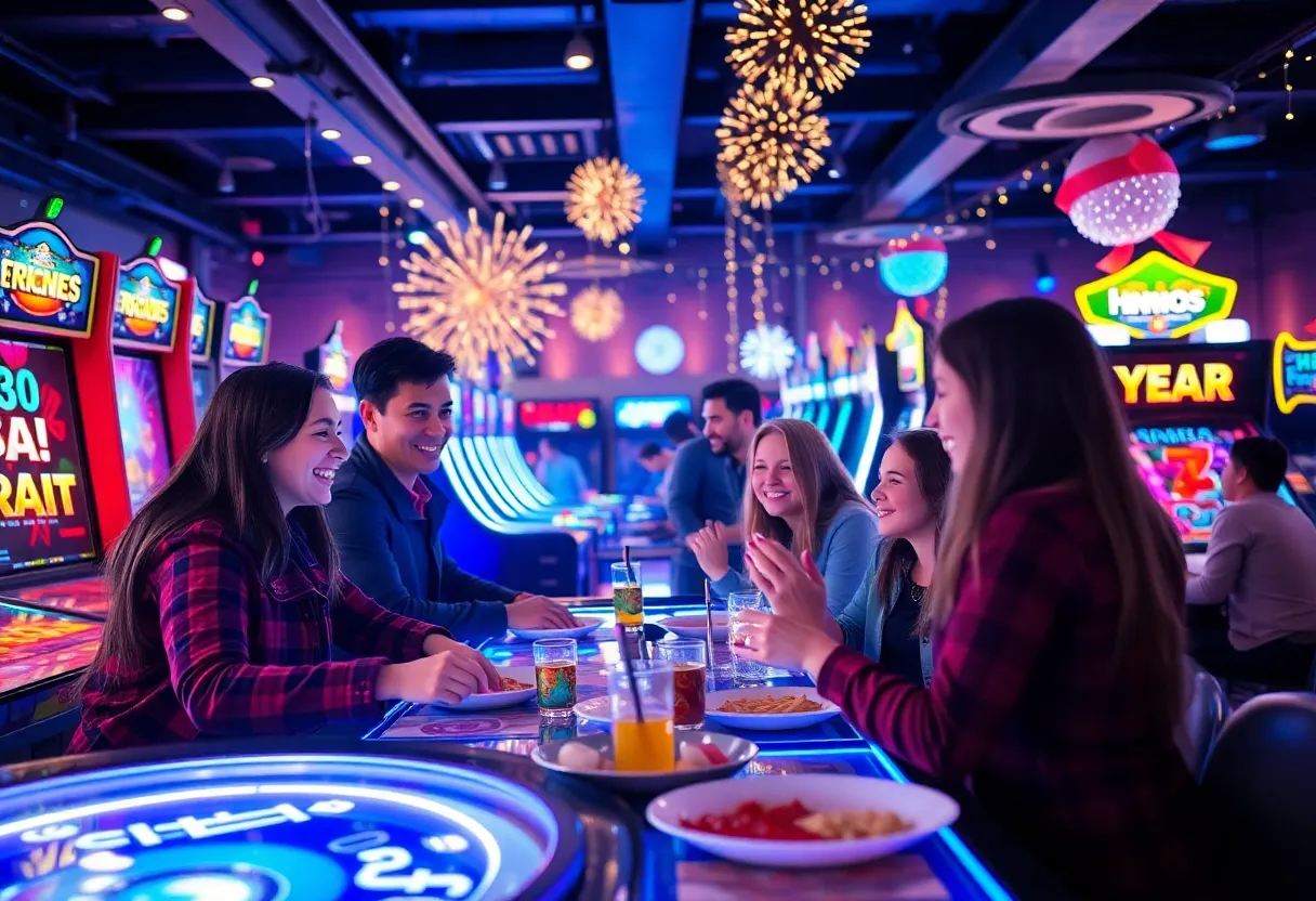 Families enjoying a New Year's Eve celebration with games and food at Dave & Buster's