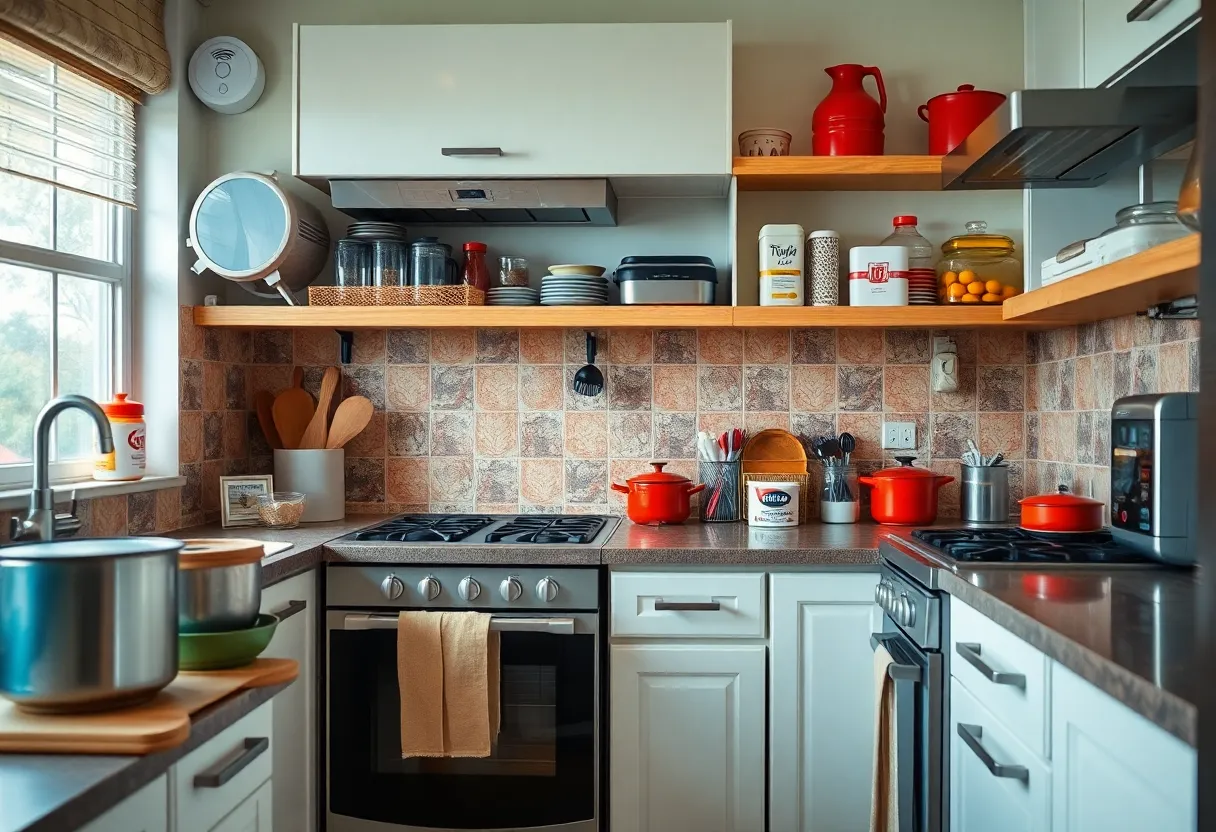 Illustration of a safe kitchen environment with fire safety measures