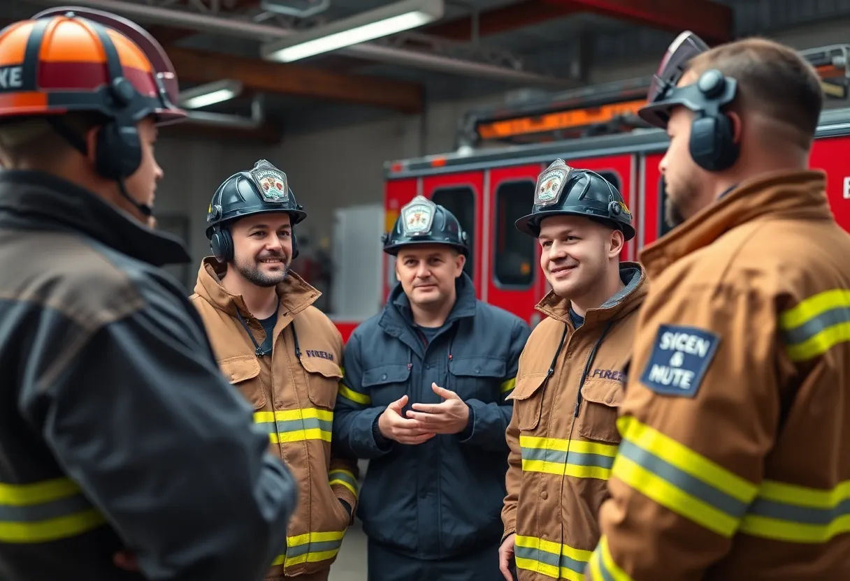 Firefighters engaging in a wellness discussion at their station