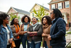 Diverse first-time home buyers experiencing emotions in Baltimore.