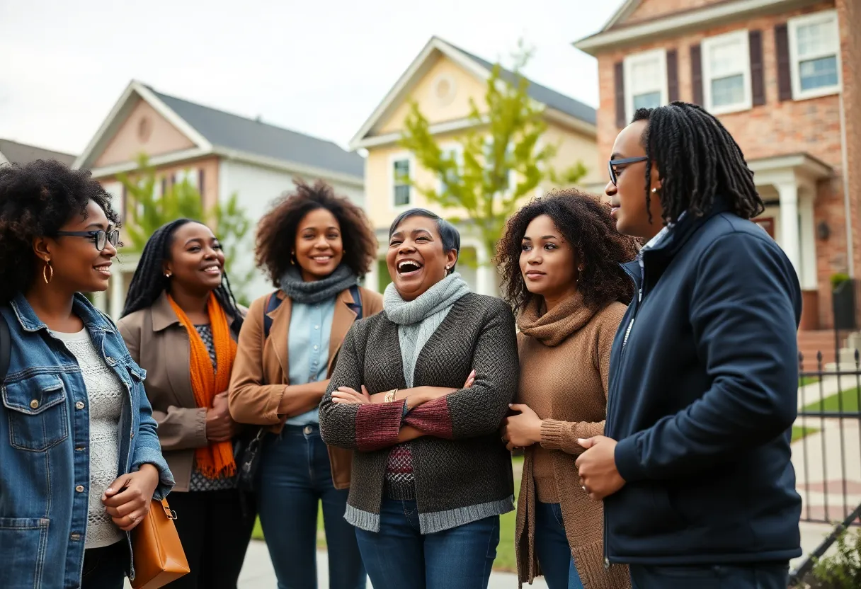 Diverse first-time home buyers experiencing emotions in Baltimore.