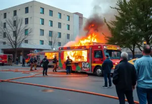 Fire engulfing food truck near hospital with firefighters responding