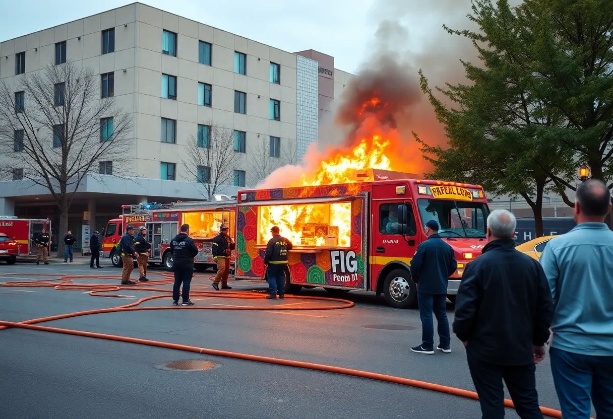 Fire engulfing food truck near hospital with firefighters responding