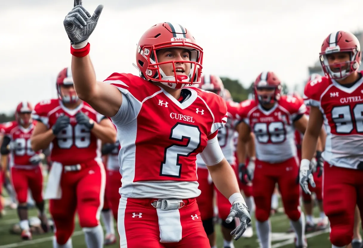 High school football players celebrating on the field