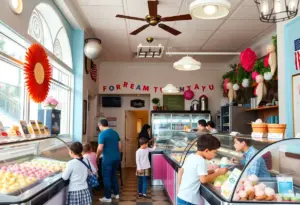 Interior of Franklin's Restaurant Ice Cream Parlor with families enjoying ice cream