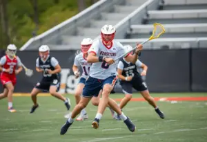 Defensive lacrosse player in game action